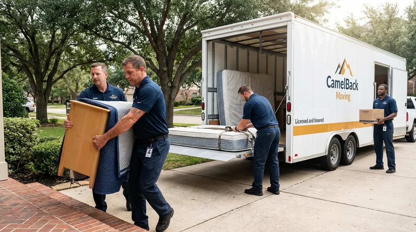 Crew loading residential truck for cross-state move from Lincoln, AR