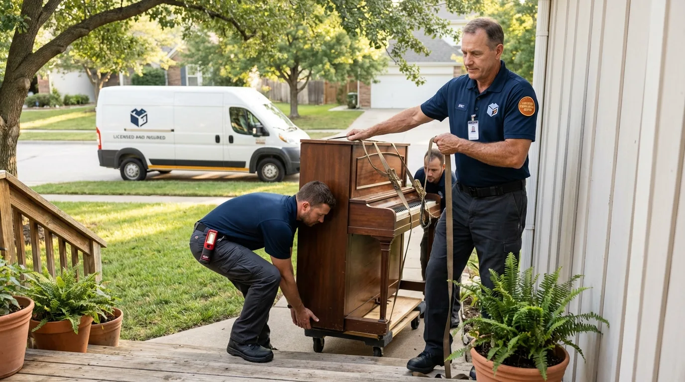 Licensed piano movers securing grand piano in Lincoln, AR