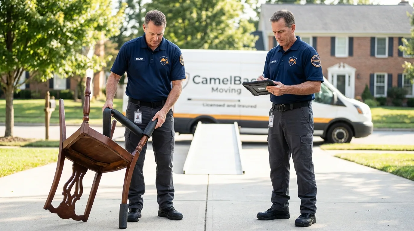 Movers inspecting furniture for damage prevention before loading in Lincoln, AR